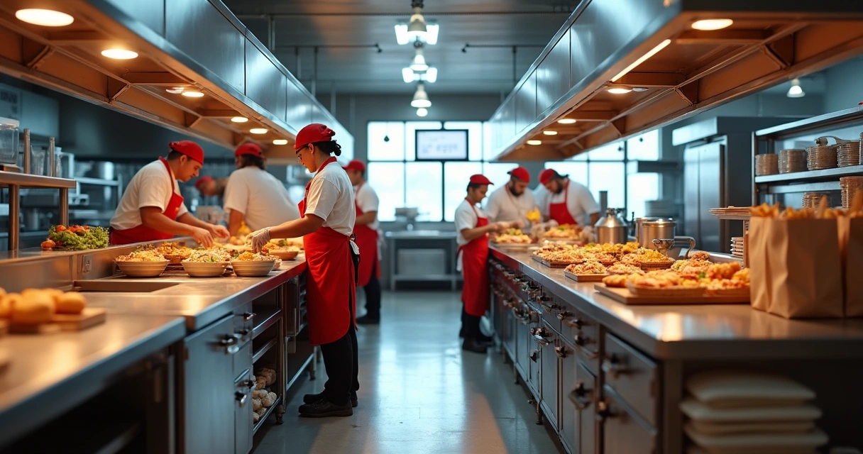Cozinha de delivery com pedidos em preparo e tela de controle 