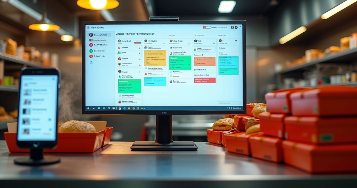 Cozinha de restaurante com painel digital organizando pedidos de delivery 