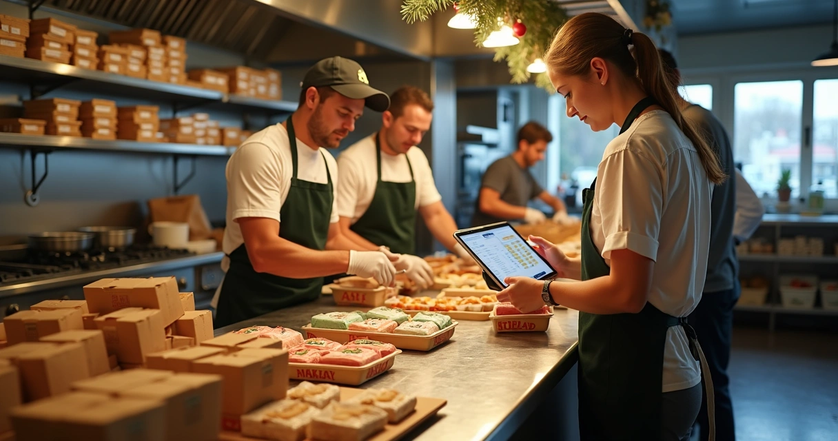 Equipe preparando pedidos em cozinha de delivery 