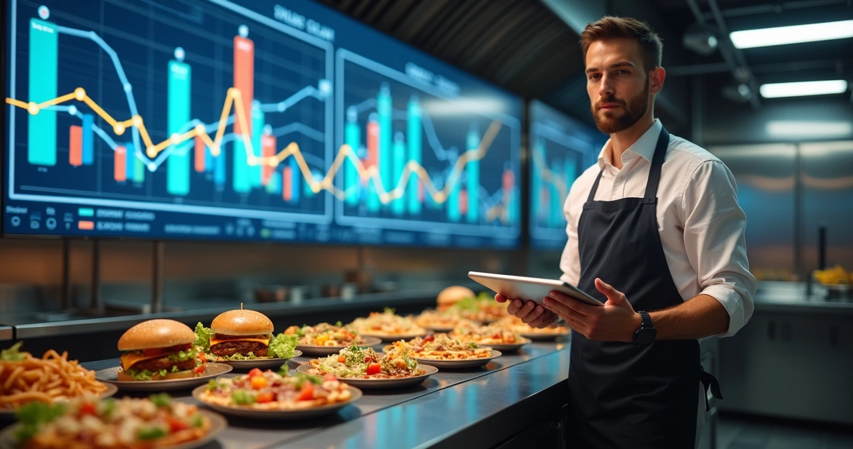 Gestor de cozinha de delivery segurando tablet com gráficos de vendas crescentes 