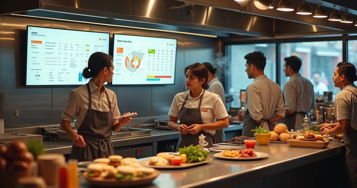 Equipe em cozinha de lanchonete acompanhando pedidos digitais em telas integradas 