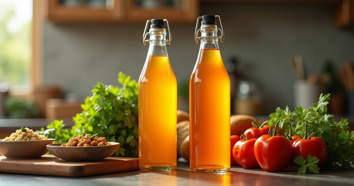 Frascos de azeite de dendê entre ingredientes naturais em bancada de cozinha 