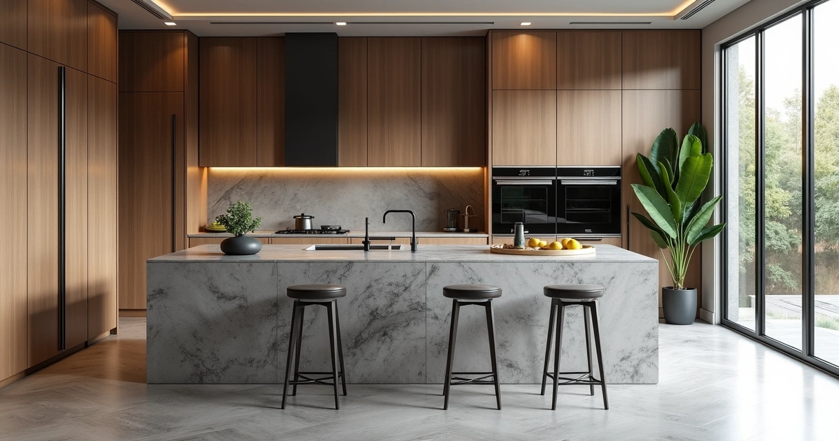 Cozinha contemporânea com ilha de mármore cinza e detalhes em madeira. 