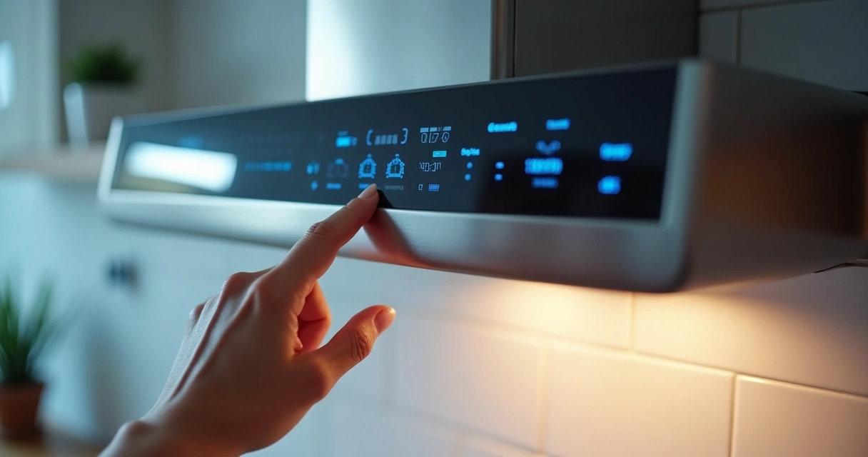 Painel digital de depurador de ar com LED aceso em cozinha moderna 