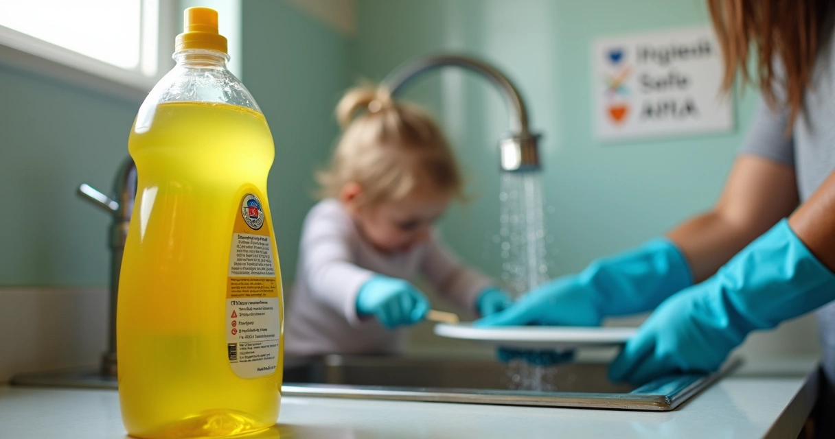 Família usando detergente Ypê na pia com atenção às instruções no rótulo 