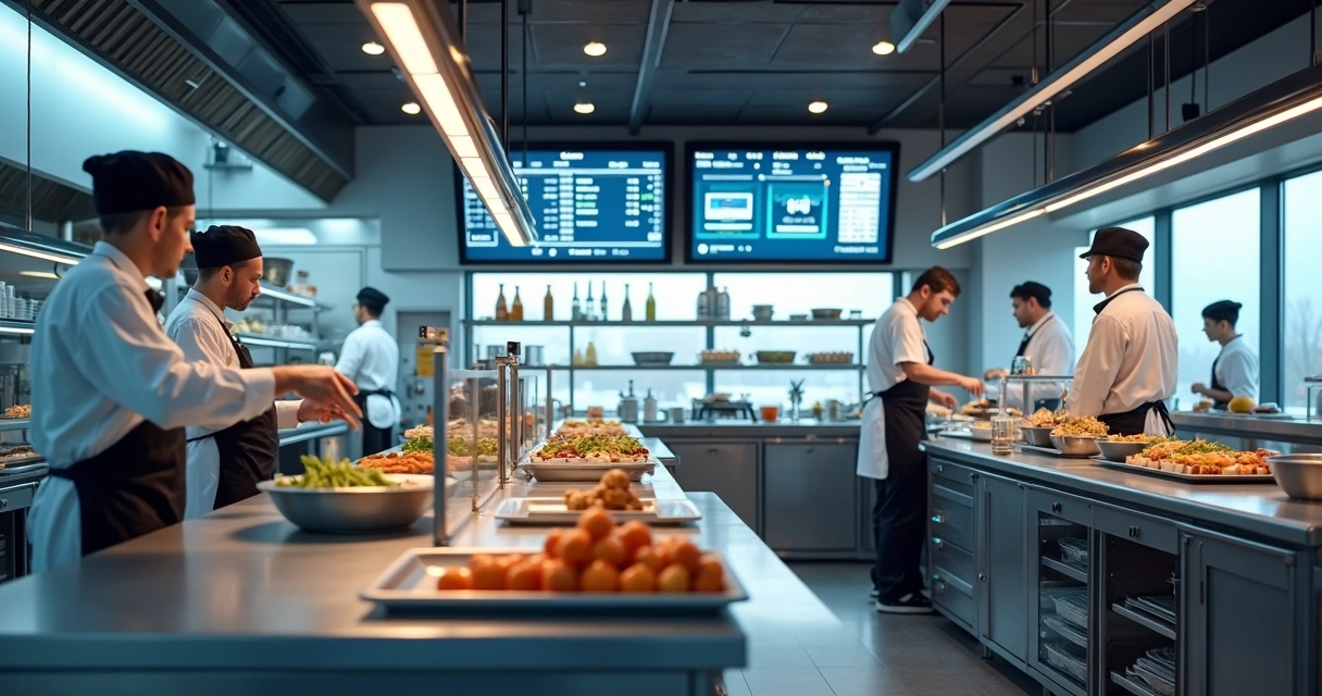 Cozinha de restaurante digital com painéis eletrônicos e robôs auxiliando na preparação dos pratos. 