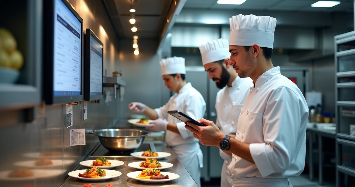 Equipe de cozinha usando tablets para visualizar pedidos digitais 