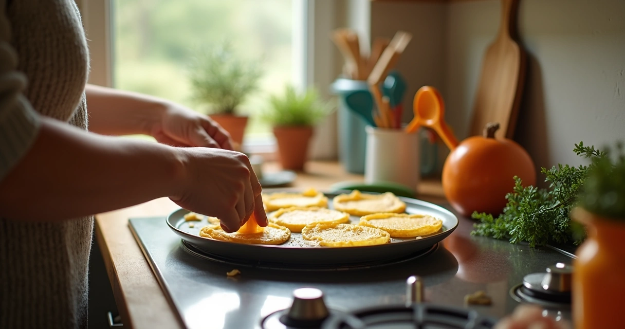 Pessoa preparando crepes em uma cozinha doméstica com ingredientes sobre a bancada 