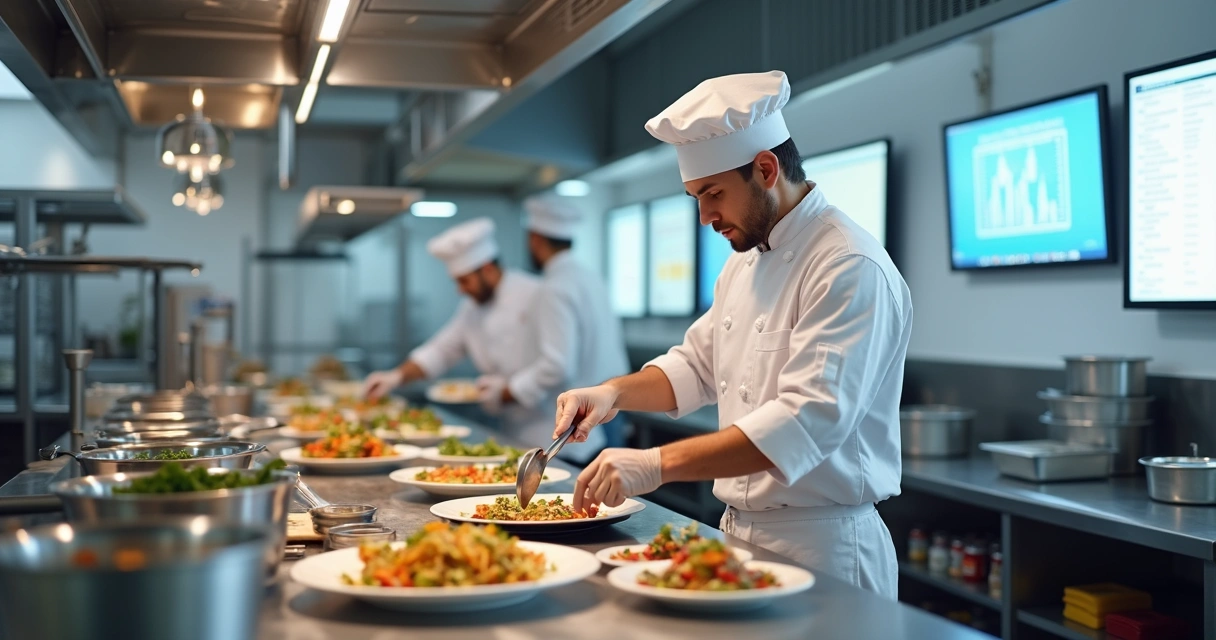 Cozinha moderna com chef preparando vários pedidos para delivery simultaneamente em multicook stations 
