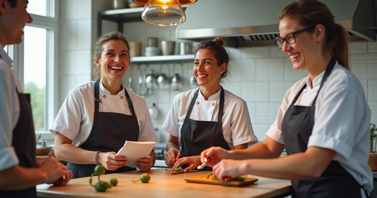 Equipe de cozinha reunida sorrindo em volta de uma bancada de preparo de alimentos 