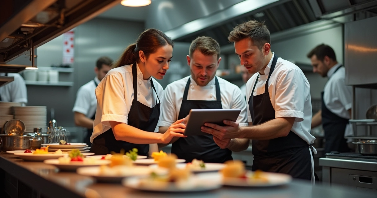 Equipe de restaurante avaliando feedbacks de clientes em cozinha profissional