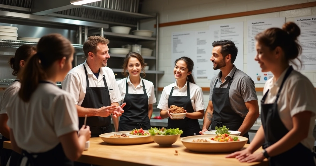 Equipe de restaurante reunida na cozinha em treinamento