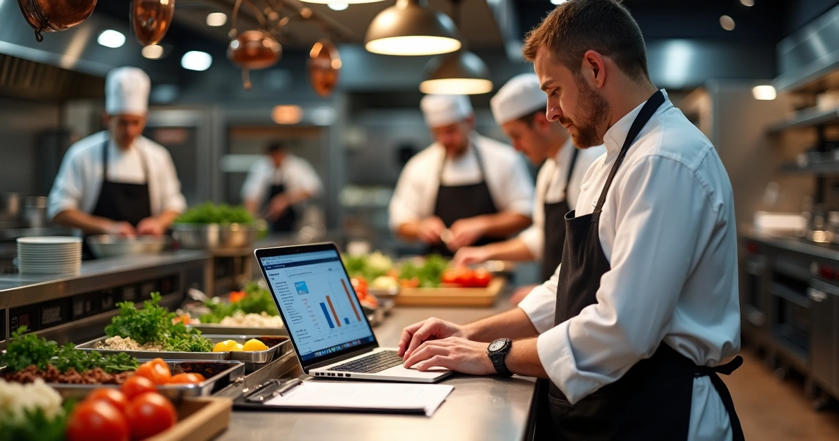 Chef em escola de gastronomia analisa planilha ao lado de bancada com aula acontecendo 