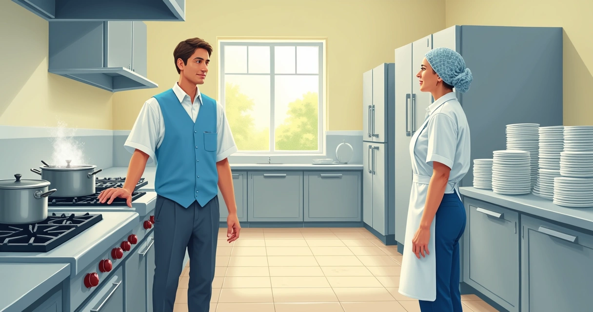 Inspeção sanitária em cozinha de escola com cozinheira e fiscal analisando panelas 