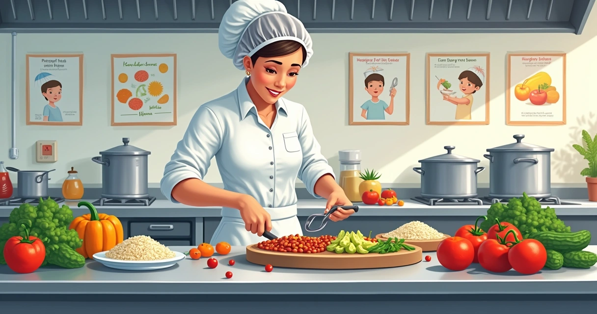 Funcionário prepara merenda escolar em cozinha industrial da escola. 