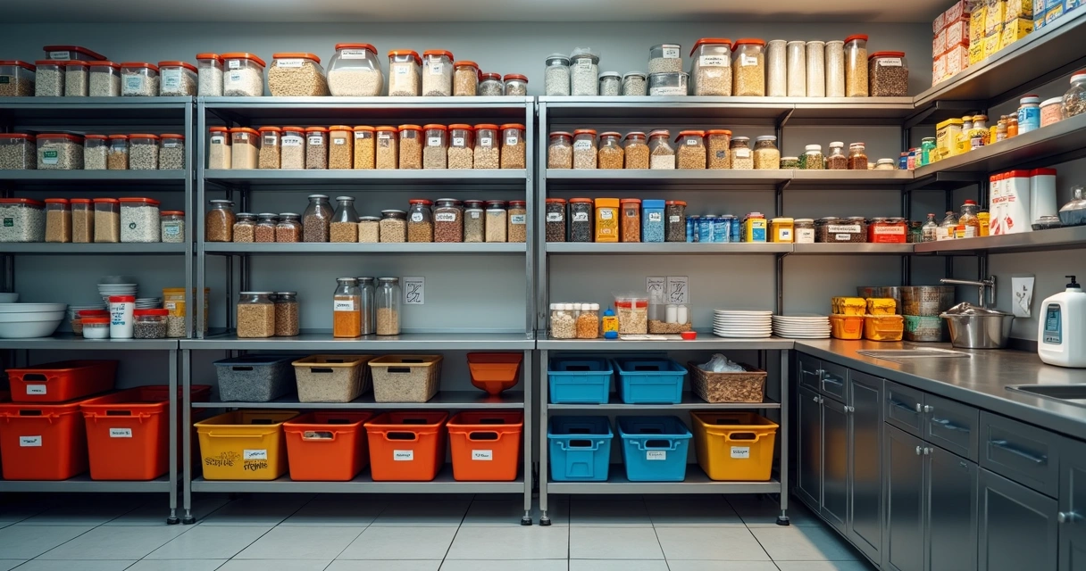 Prateleiras organizadas com ingredientes na despensa de restaurante 