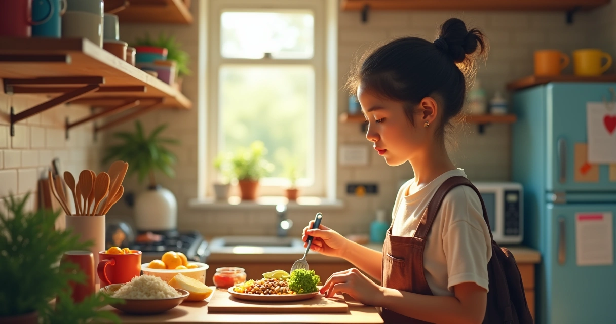 Jovem preparando refeição em cozinha pequena com panelas e ingredientes básicos 
