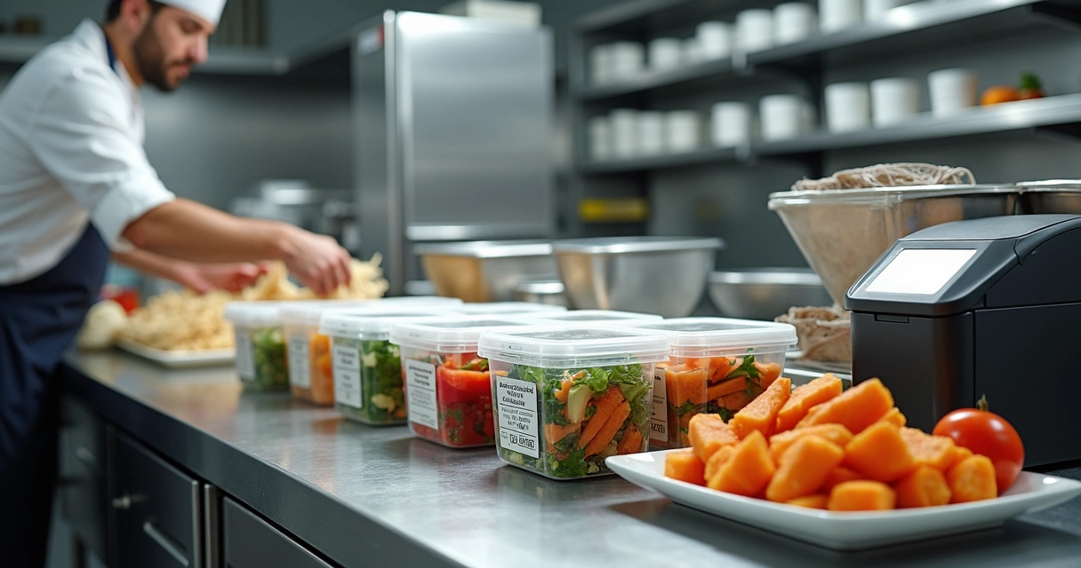 Cozinha profissional com etiquetas de validade em alimentos 