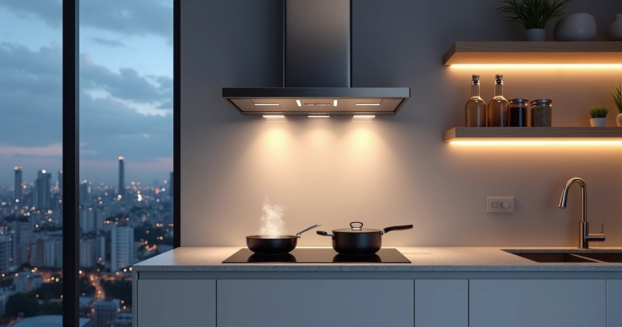 Cozinha moderna com exaustor de inox instalado sobre o cooktop aceso 