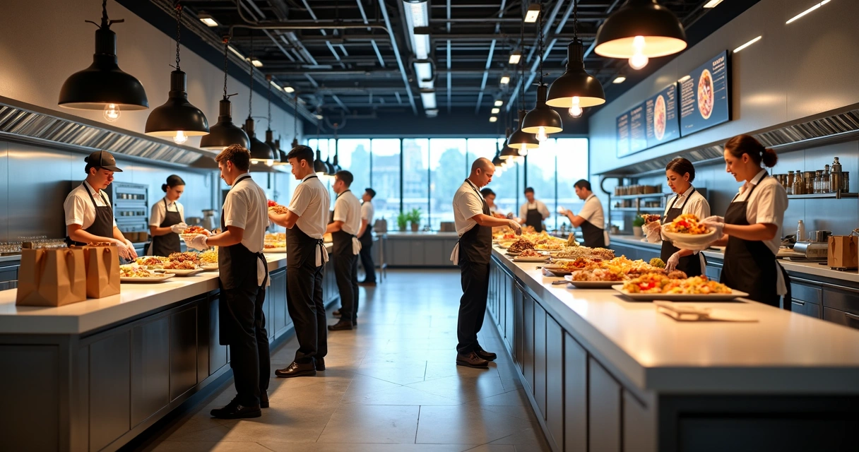 Ambiente de cozinha industrial moderna com entregadores coletando pedidos 