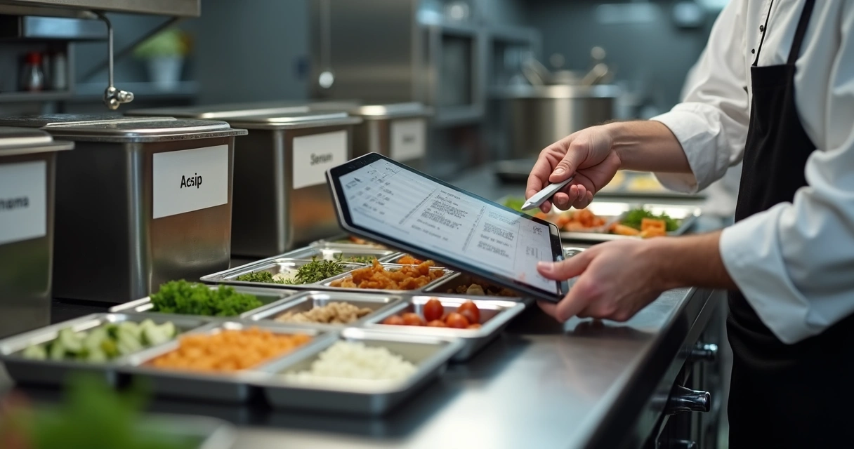 Cozinha profissional com ficha técnica e ingredientes porcionados 