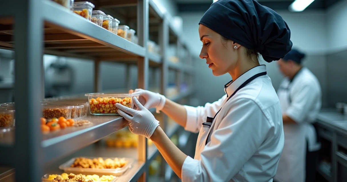 Cozinheira organizando potes de alimentos em prateleiras na cozinha de restaurante
