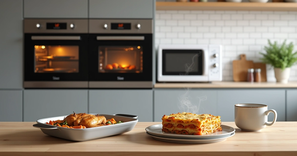 Bancada de cozinha com forno elétrico e micro-ondas lado a lado 