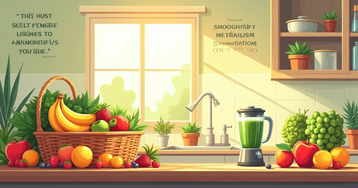 Cenário de cozinha vibrante com frutas e vegetais frescos, simbolizando uma alimentação saudável.