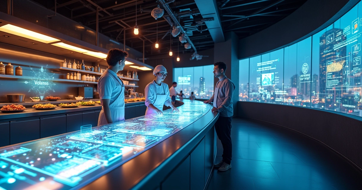 Equipe em cozinha futurista com recursos de restaurante digital em tempo real 