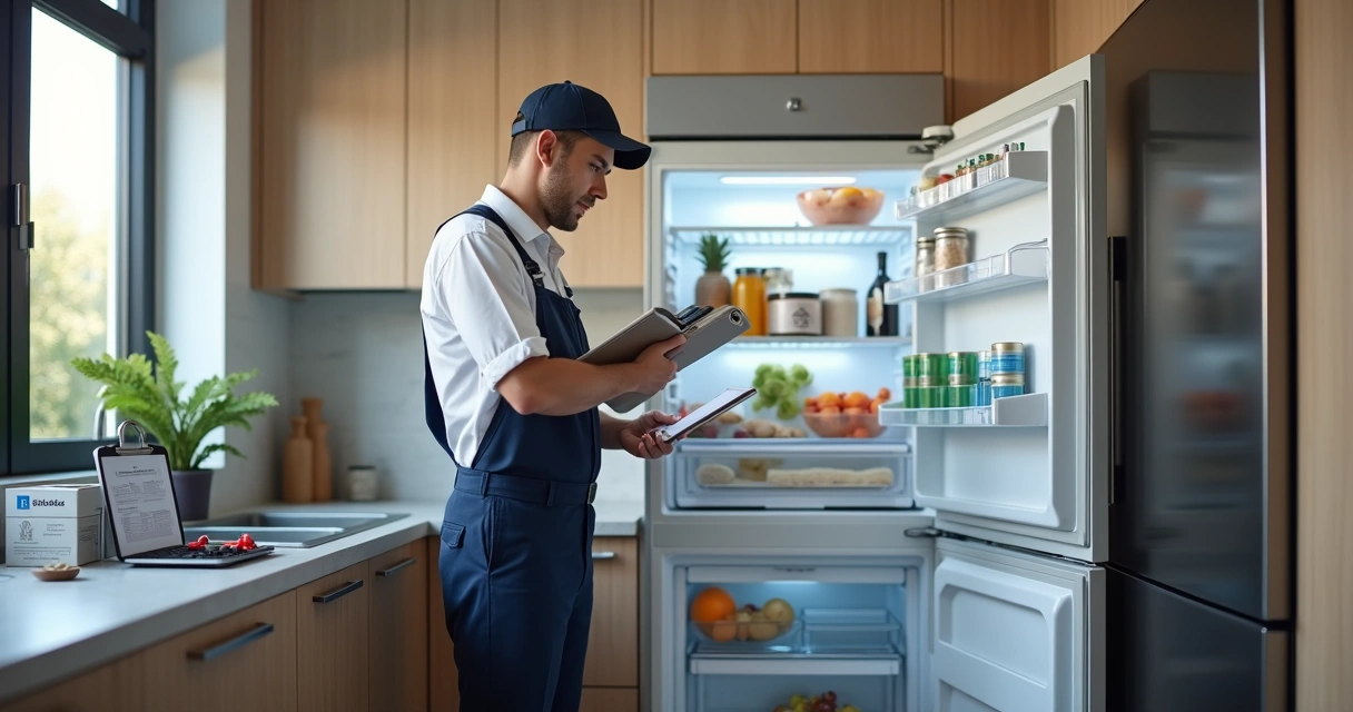 Técnico analisando geladeira Electrolux aberta em cozinha moderna 