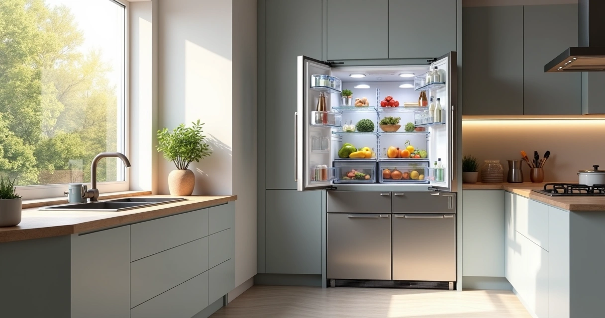 Cozinha clara com geladeira de portas duplas e vários alimentos organizados 