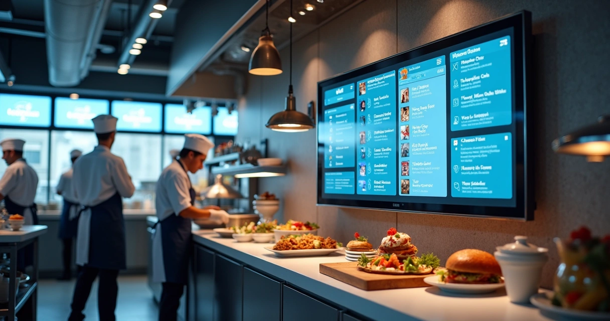 Restaurante com equipe gerenciando pedidos em painel digital 