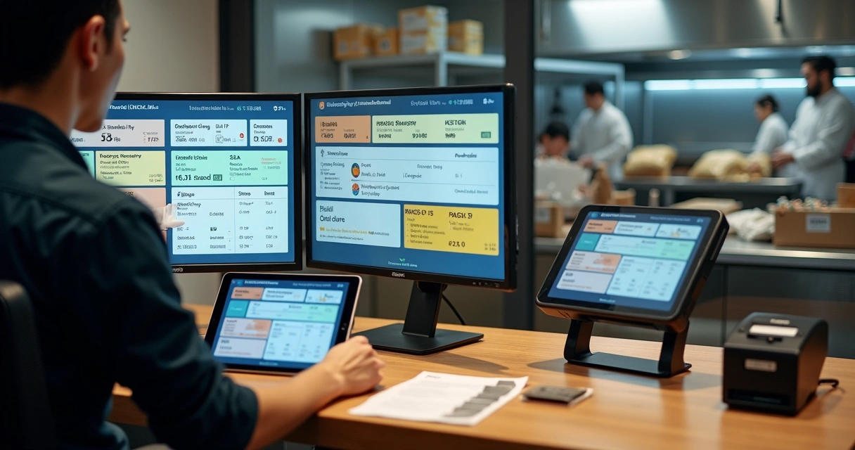 Operador de cozinha usando painel de gestor de pedidos integrado ao 99 Food em tablet e computador 