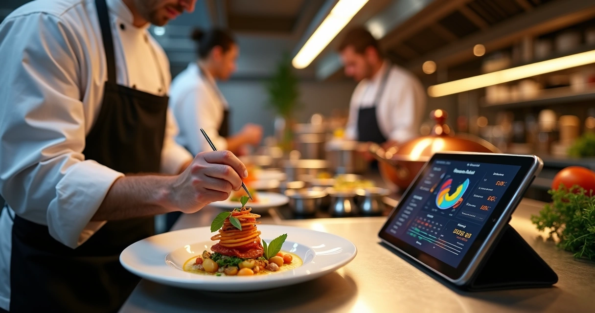 Chef em cozinha gourmet moderna preparando prato artístico com tablet de gestão ao lado 