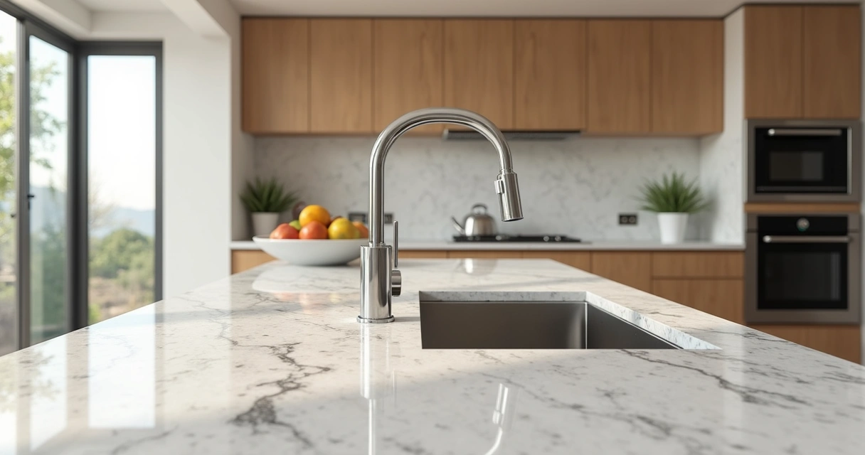 Bancada de granito branco Itaúnas em cozinha moderna 