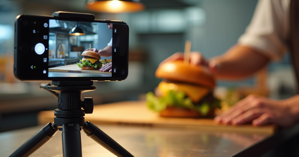 Cozinha gravando vídeo de hambúrguer com celular