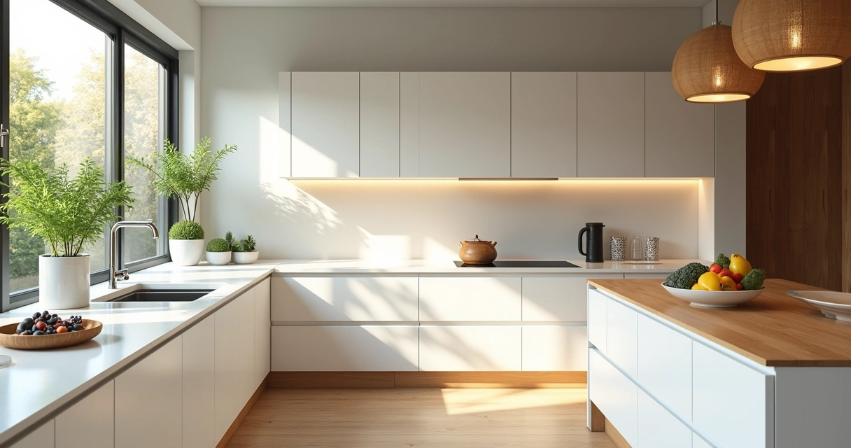 Bancada de cozinha limpa e iluminada, com planta ao lado da janela 