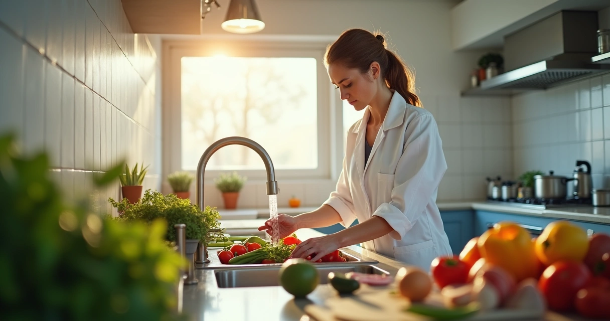 Profissional preparando alimentos em cozinha limpa para idosos 