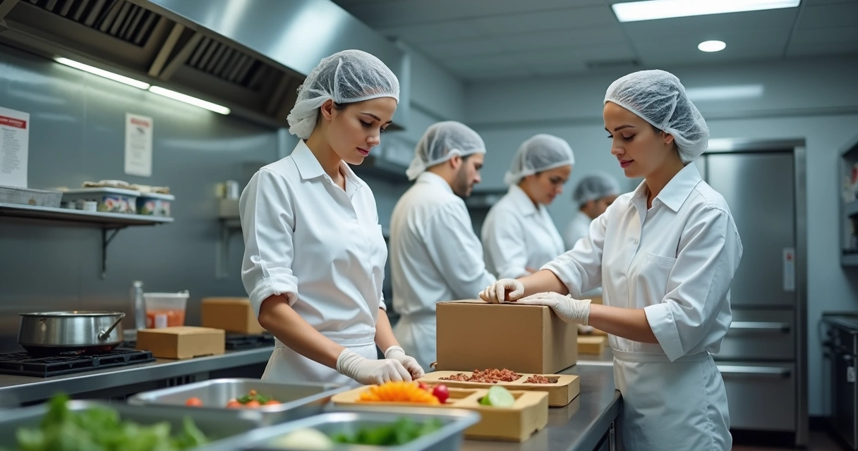 Equipe de cozinha preparando alimentos com cuidado em ambiente limpo 