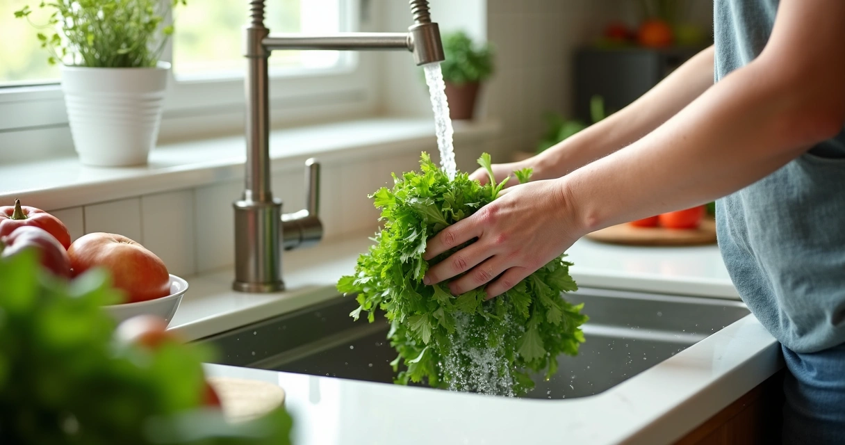 Pessoa higienizando verduras em cozinha limpa e organizada 