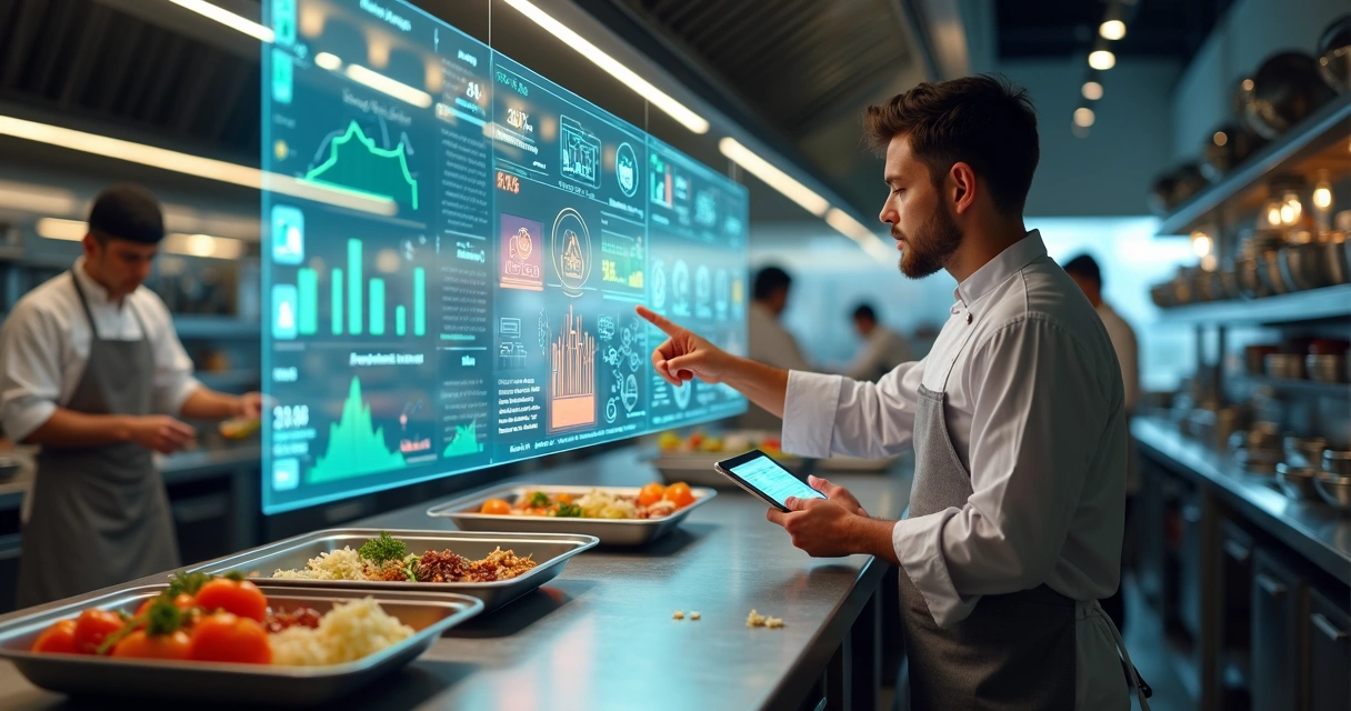 Chef analisando painel digital de desperdício de alimentos na cozinha profissional 
