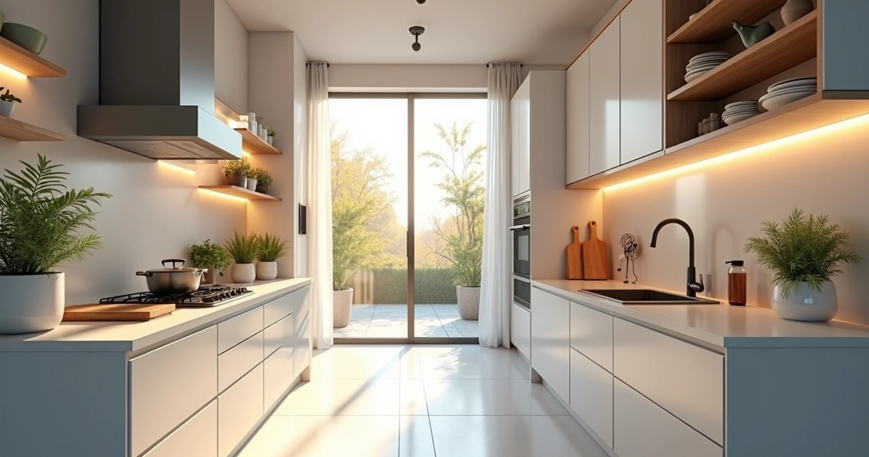 Cozinha com luz natural e artificial realçando detalhes 