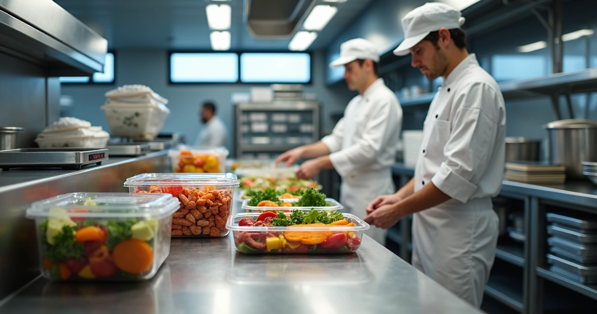 Cozinha industrial moderna com bancada de preparo de marmitas fitness