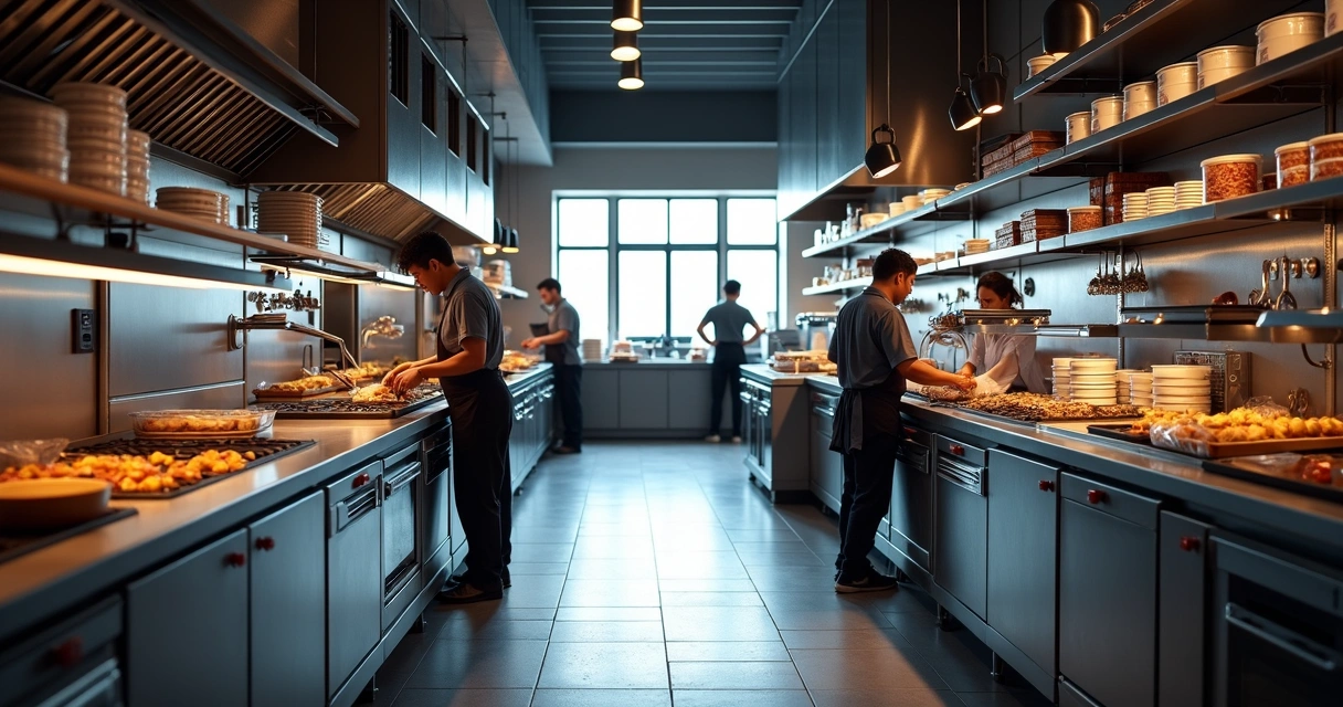 Cozinha industrial de dark kitchen organizada para delivery 