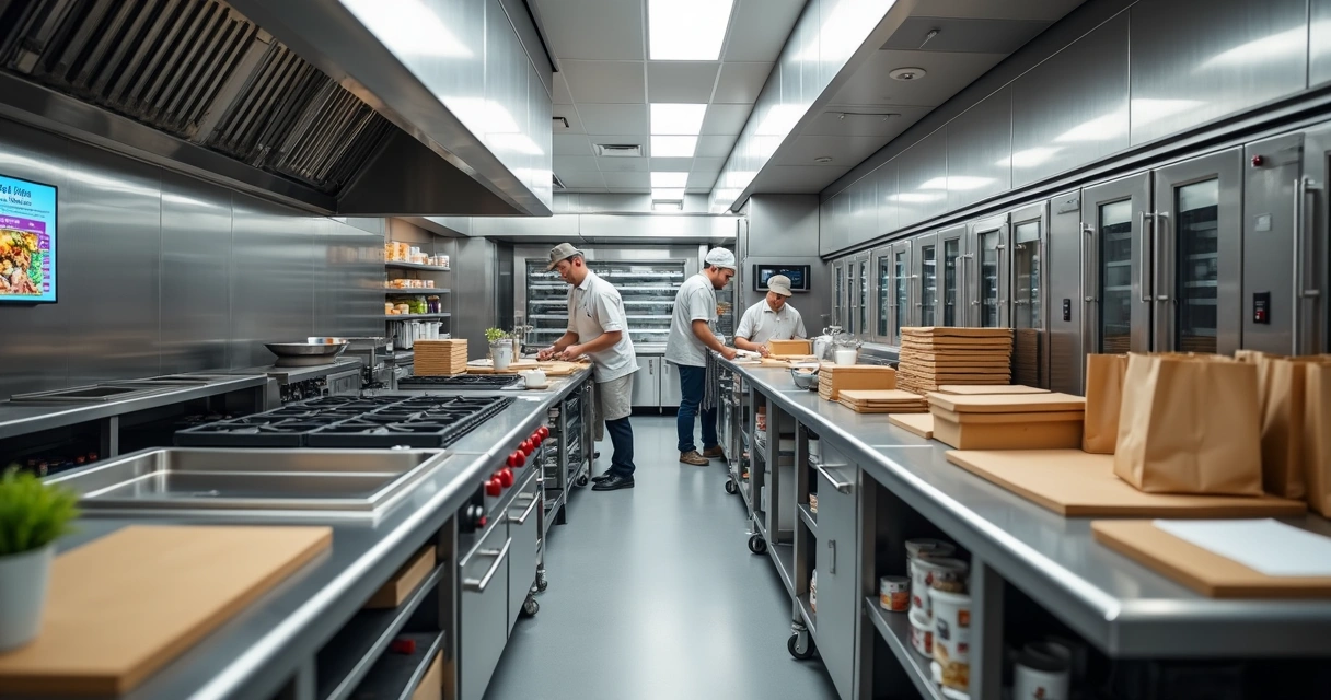 Cozinha industrial organizada focada em preparo de pedidos de delivery 