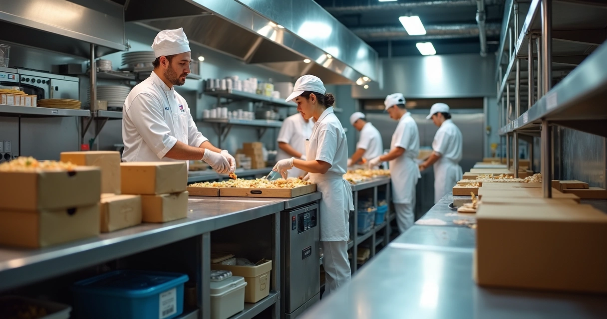 Equipe montando pedidos em uma cozinha industrial para delivery.