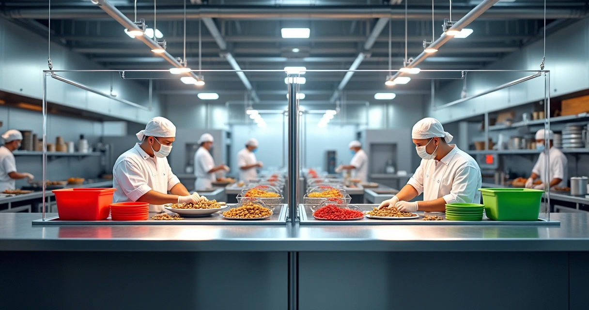 Divisória em cozinha industrial separando áreas de alergênicos