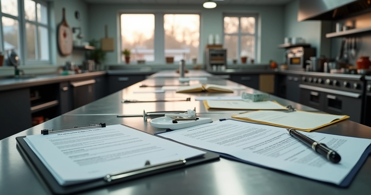 Documentos e registros espalhados sobre mesa em cozinha industrial