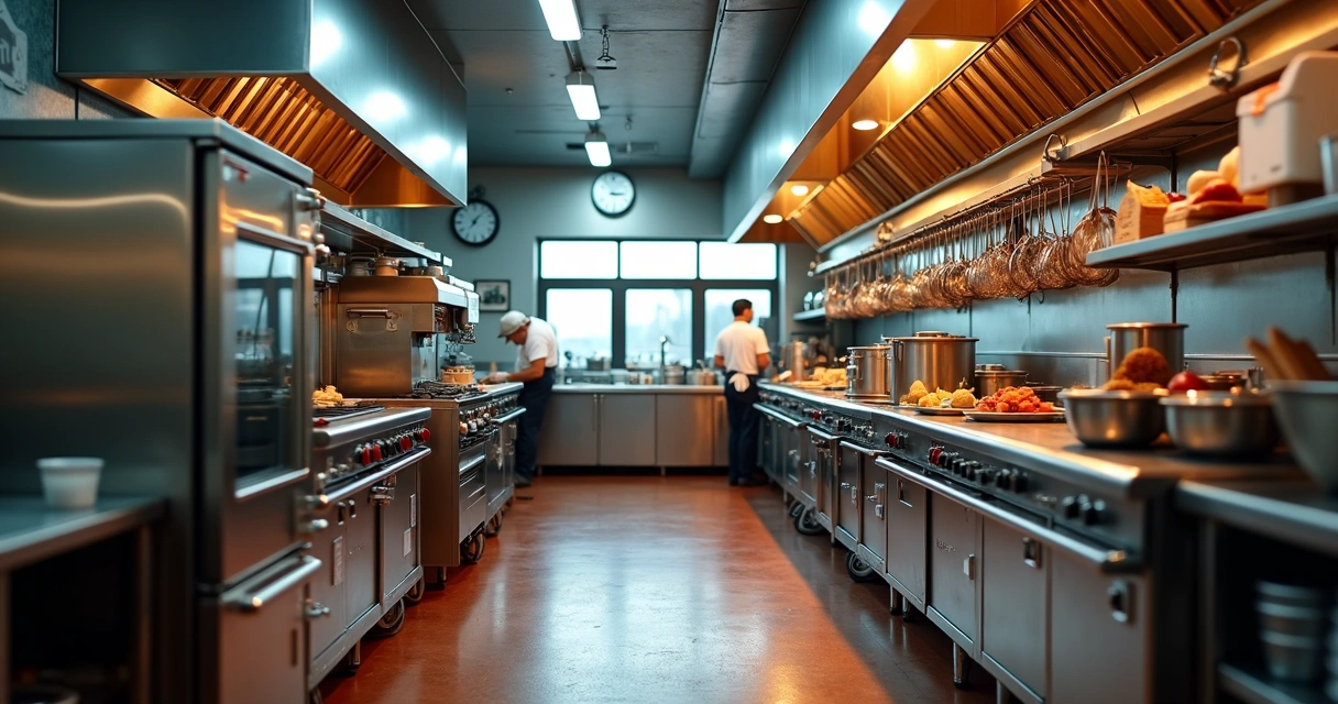 Cozinha industrial com equipamentos inox. 