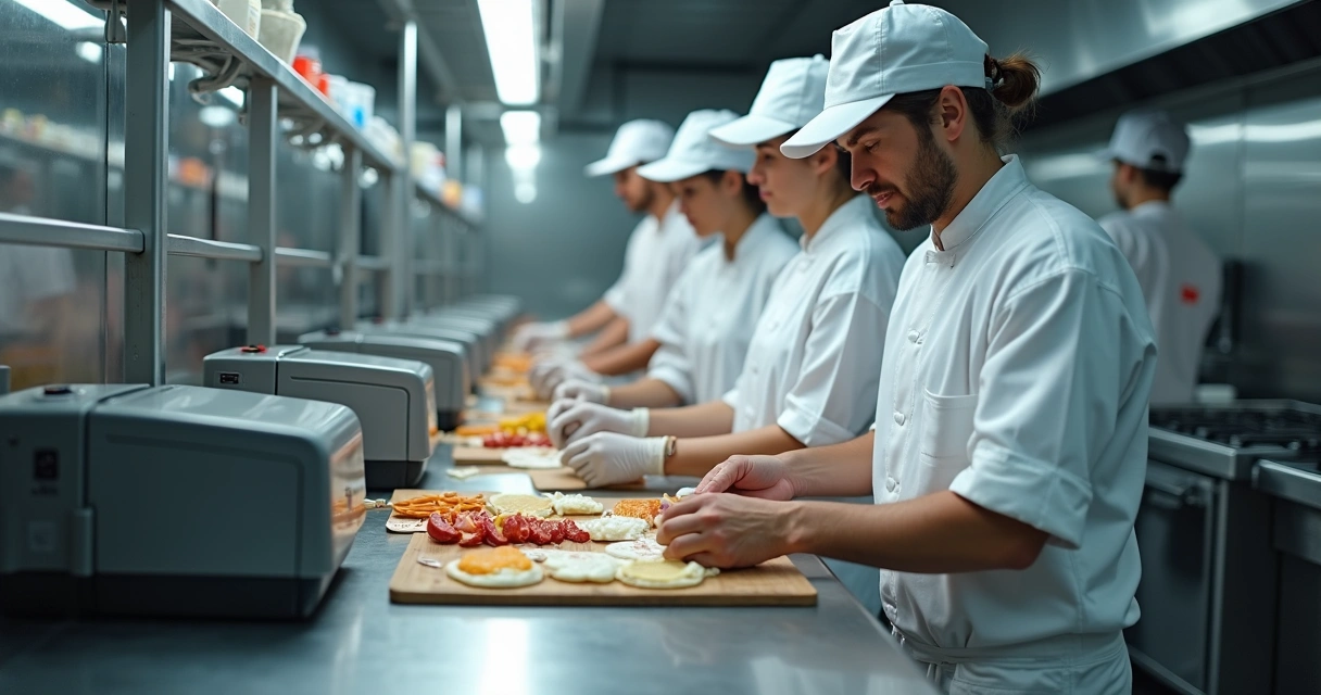 Equipe de funcionários em cozinha industrial preparando alimentos 